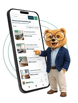 Billy avec un téléphone montrant des annonces de location